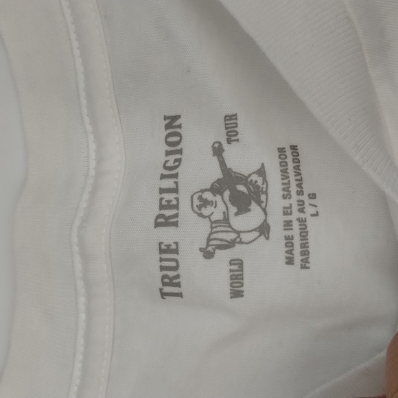 True Religion 'play nice and communicate' white blue letter graphic tee large - Picture 6 of 10